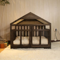 HKM-900307 Removable and Washable Wooden Dog House for Small Dogs and Cats - Walnut and White Finish