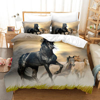 HKM-900819 Animal Horse Pattern Coral Fleece 3-Piece Quilt Cover Set - Soft and Cozy Bedding for Home