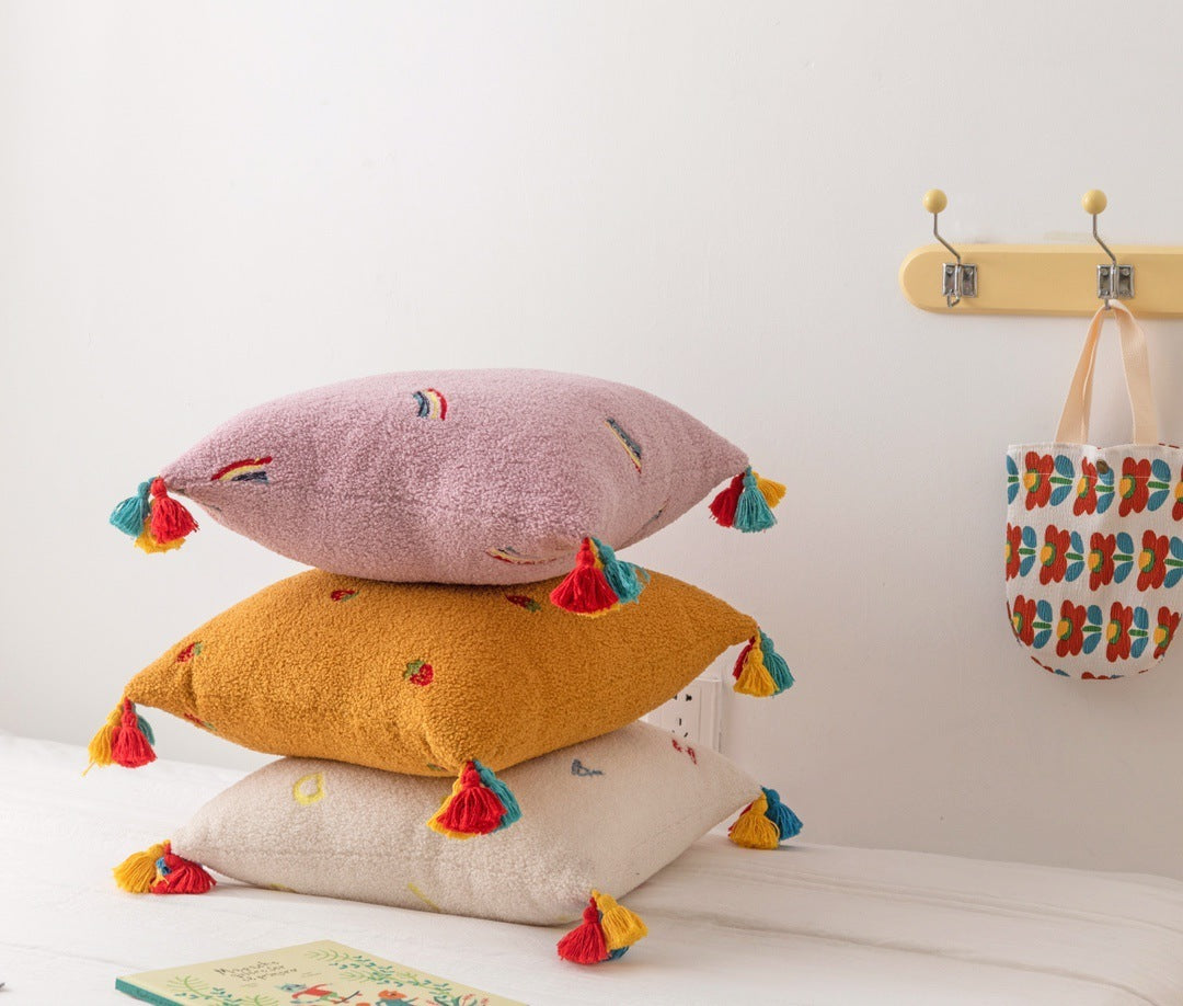 HKM-901395 Teddy Velvet Embroidered Soft Pillow with Tassels, 45x45cm, Multiple Color Options