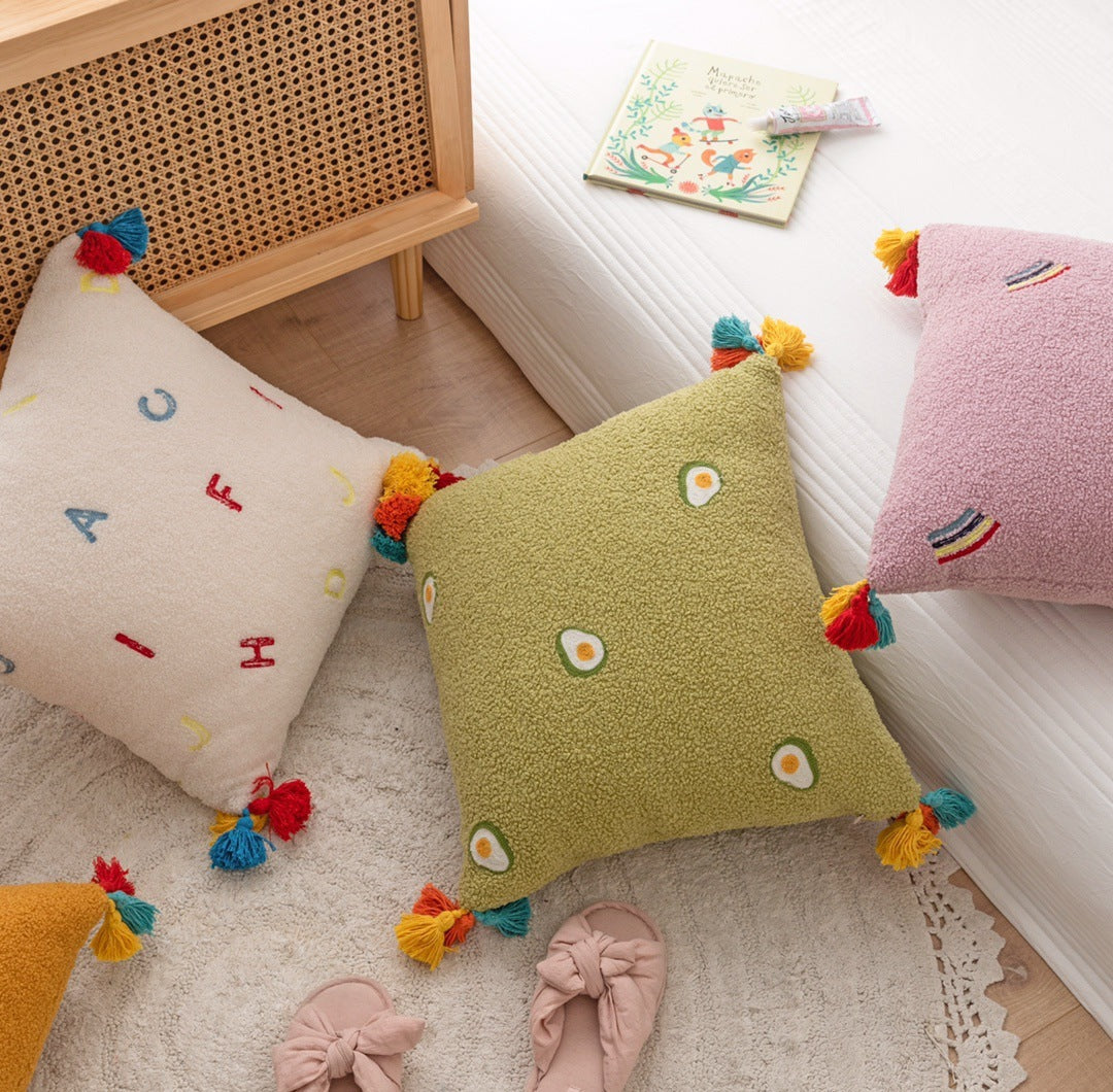 HKM-901395 Teddy Velvet Embroidered Soft Pillow with Tassels, 45x45cm, Multiple Color Options