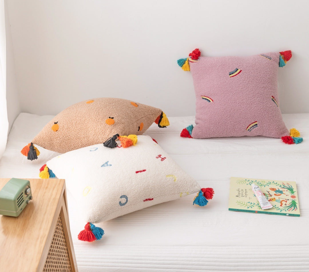 HKM-901395 Teddy Velvet Embroidered Soft Pillow with Tassels, 45x45cm, Multiple Color Options
