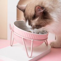 HKM-901523 High Foot Ceramic Pet Bowl with Neck Protection for Cats - Multiple Colors and Designs Available