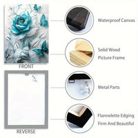 HKM-901587 Turquoise Blue Crystal Rose and Teal Butterflies Framed Canvas Wall Art for Home Decor