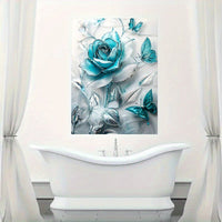 HKM-901587 Turquoise Blue Crystal Rose and Teal Butterflies Framed Canvas Wall Art for Home Decor