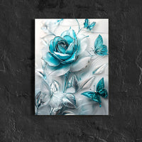 HKM-901587 Turquoise Blue Crystal Rose and Teal Butterflies Framed Canvas Wall Art for Home Decor