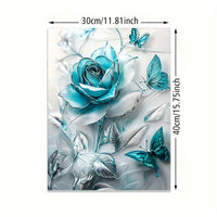 HKM-901587 Turquoise Blue Crystal Rose and Teal Butterflies Framed Canvas Wall Art for Home Decor
