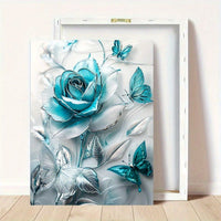 HKM-901587 Turquoise Blue Crystal Rose and Teal Butterflies Framed Canvas Wall Art for Home Decor