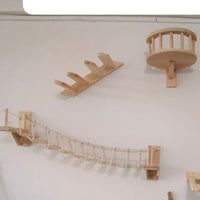 HKM-901651 Wall-Mounted Solid Wood Cat Suspension Bridge with Breathable Hemp Rope Nest