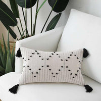 HKM-901715 Moroccan Style Black and White Geometric Pillowcase with Tassels 30x50cm