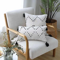 HKM-901715 Moroccan Style Black and White Geometric Pillowcase with Tassels 30x50cm