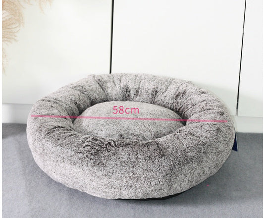 HKM-901779 Cozy Round Cat Bed for Deep Winter Sleep, Soft Grey, 58x58x18cm