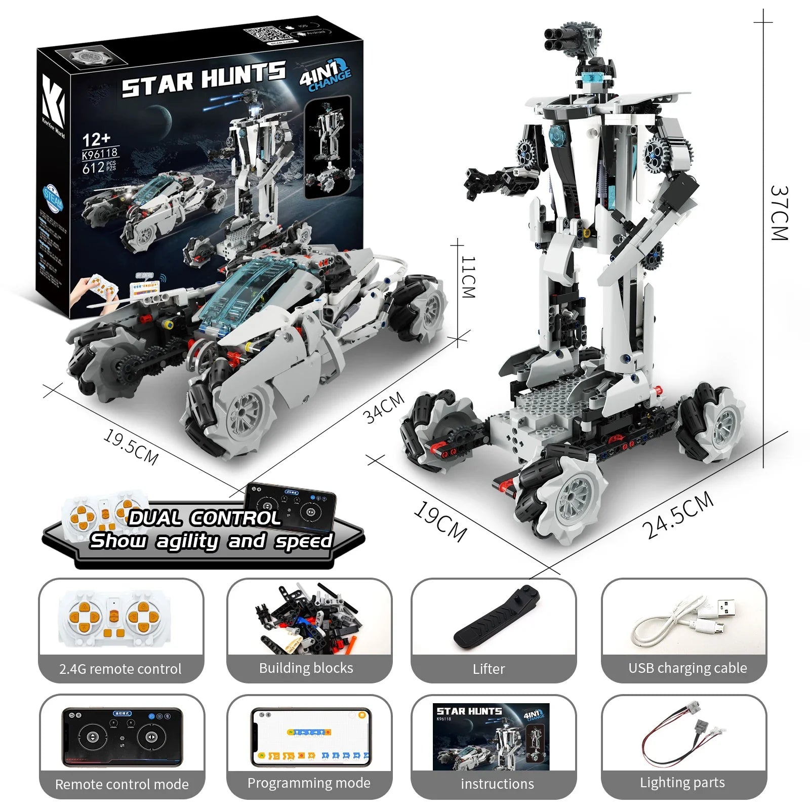 HKM-902227 Transformer RC Robot Stunt Car – 4 in 1 STEM Assembly Toy for Ages 8 and Up – Educational Building Block Set