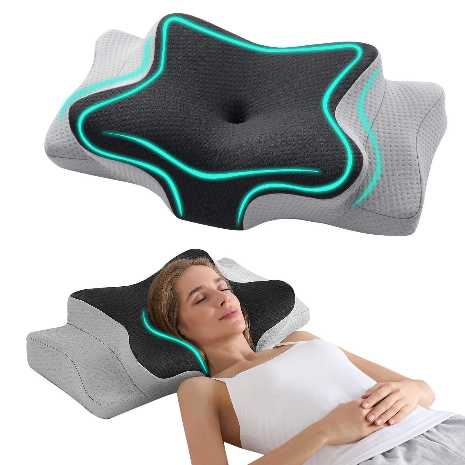 HKM-902611 Cervical Support Memory Foam Pillow - Black and Gray, Non-Collapsing Design for Adults and Seniors