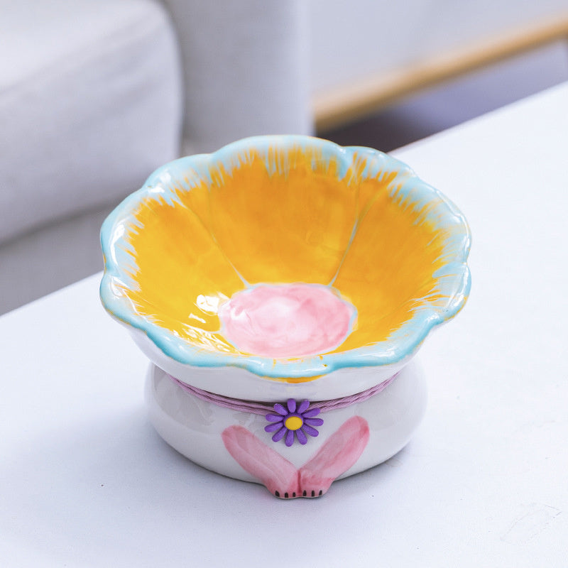 HKM-902675 Ceramic Cat Bowl in Pink, Blue, Yellow, and Green - Pet Food Dish for Cats