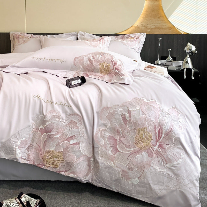 HKM-902803 Cotton Flower Embroidered Solid Color Four-Piece Quilt Set for 1.5m, 1.8m, and 2.0m Beds