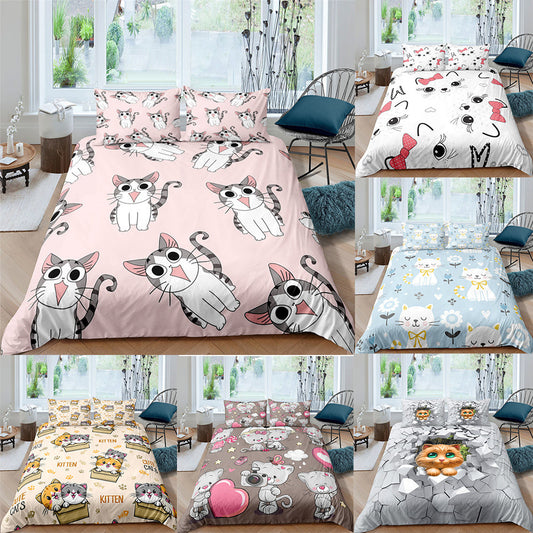 HKM-902803 Plaid Bear 3-Piece Quilt Cover and Sheet Set in Floral Design