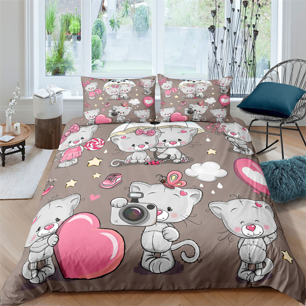 HKM-902803 Plaid Bear 3-Piece Quilt Cover and Sheet Set in Floral Design