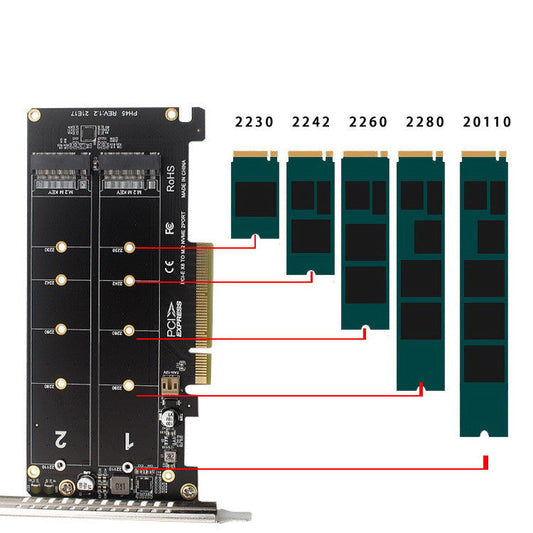 HKM-904147 Dual M.2 M-Key NVMe SSD RAID Expansion Adapter Card for PCIe x8 Motherboard - Black/Dark Gray