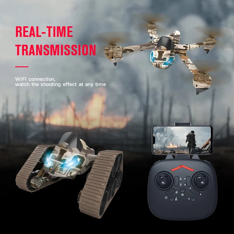 HKM-904211 2 in 1 Remote Control Tank Drone with HD Aerial Camera and 2-Axis Gimbal