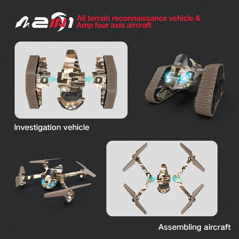 HKM-904211 2 in 1 Remote Control Tank Drone with HD Aerial Camera and 2-Axis Gimbal
