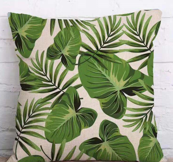 HKM-904339 Tropical Leaf Design Linen Pillowcase with Soft Cotton Filling