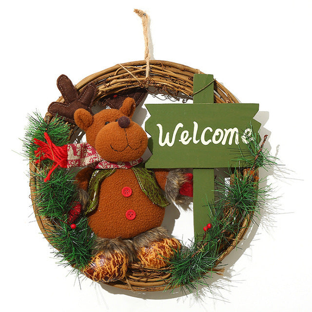 HKM-904403 Christmas Decoration Wreath with Plush Doll, Rattan Base, and Burlap Rope - 35 cmDiameter - Perfect for Holiday Home Decor