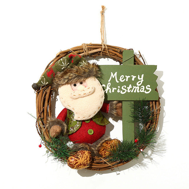 HKM-904403 Christmas Decoration Wreath with Plush Doll, Rattan Base, and Burlap Rope - 35 cmDiameter - Perfect for Holiday Home Decor