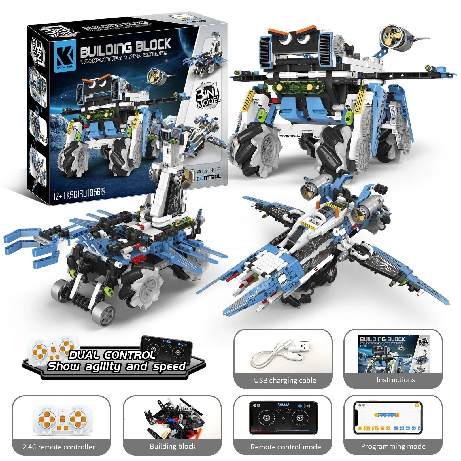 KTX-904787 5-in-1 Remote Control Robot Building Kit - APP Programmable STEM Toy for Ages 5 and Up