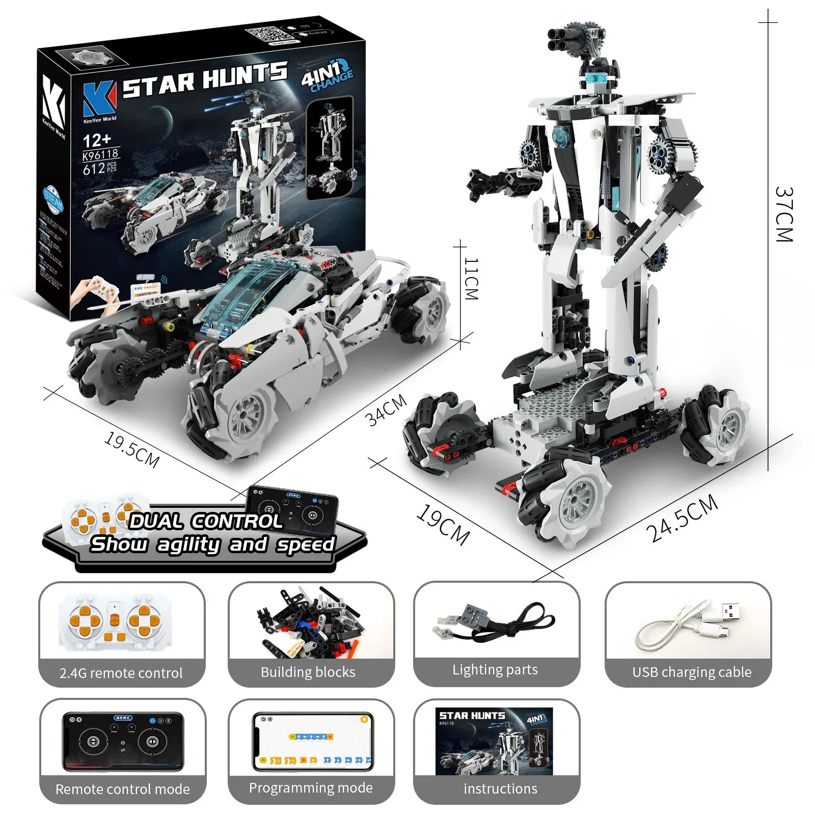 KTX-904787 5-in-1 Remote Control Robot Building Kit - APP Programmable STEM Toy for Ages 5 and Up