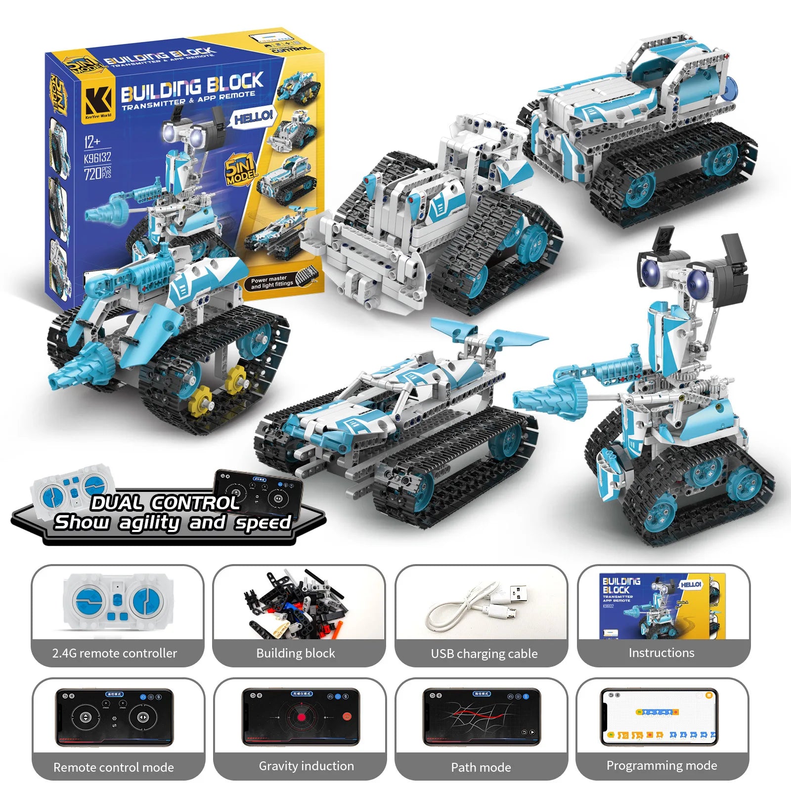 KTX-904787 5-in-1 Remote Control Robot Building Kit - APP Programmable STEM Toy for Ages 5 and Up