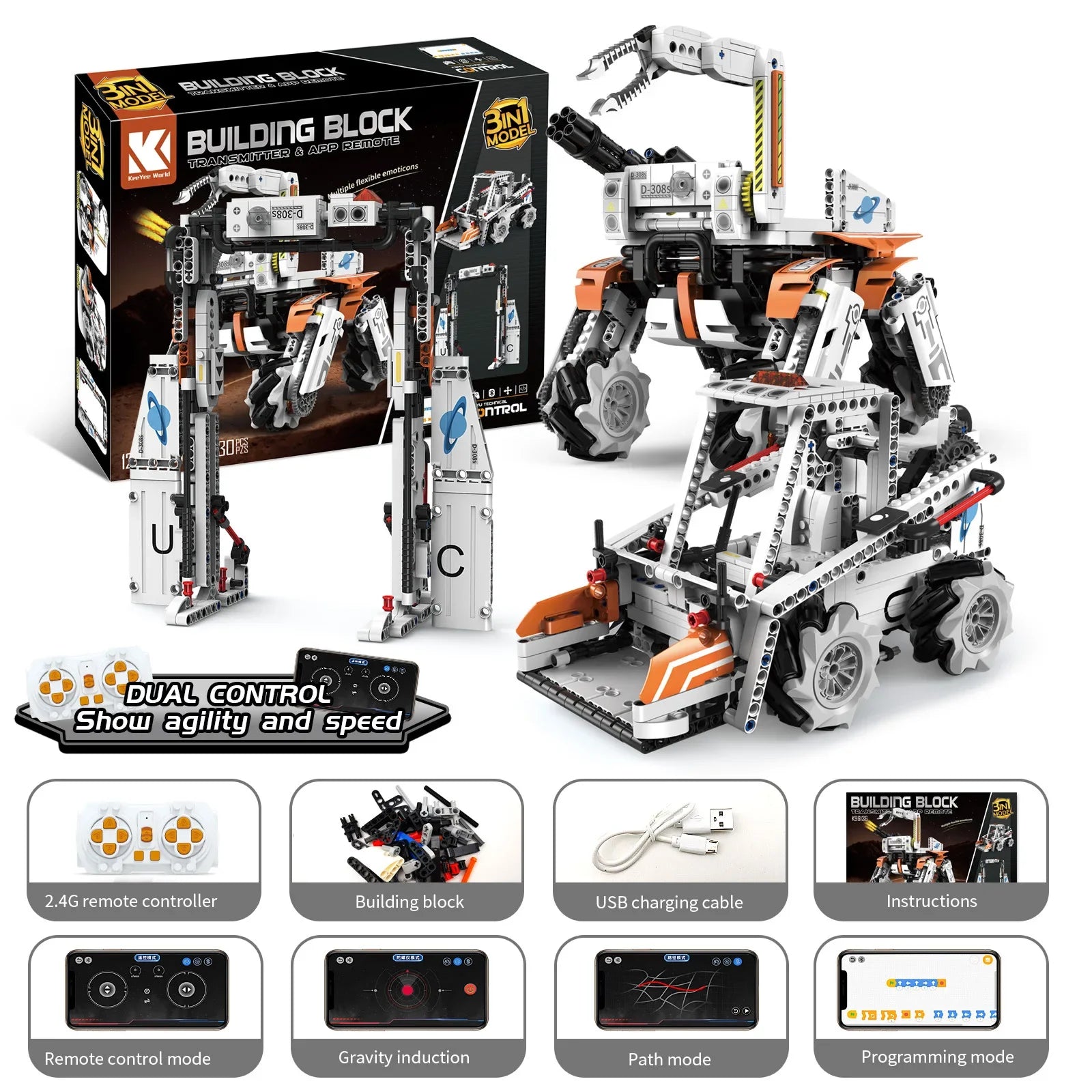 KTX-904787 5-in-1 Remote Control Robot Building Kit - APP Programmable STEM Toy for Ages 5 and Up