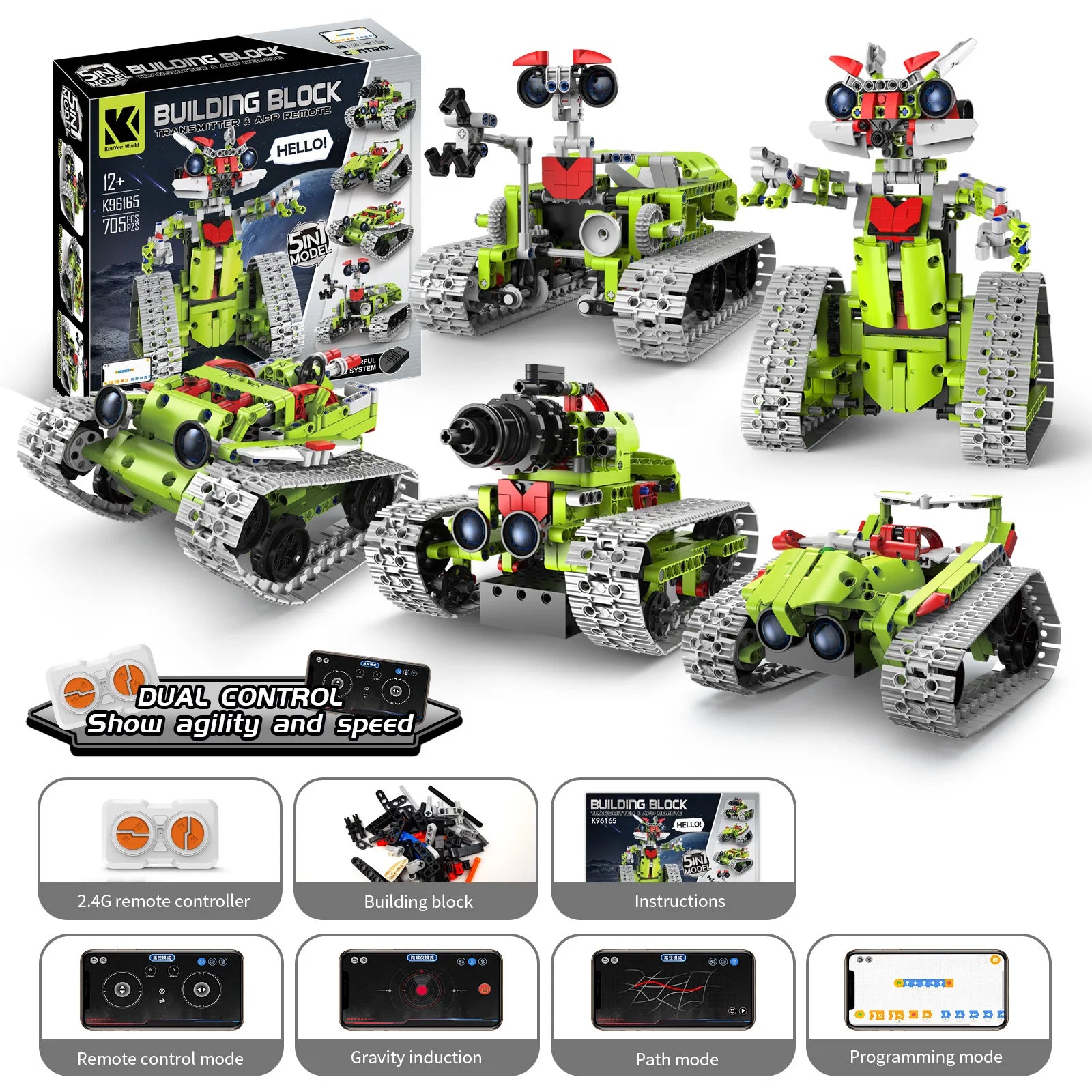 KTX-904787 5-in-1 Remote Control Robot Building Kit - APP Programmable STEM Toy for Ages 5 and Up