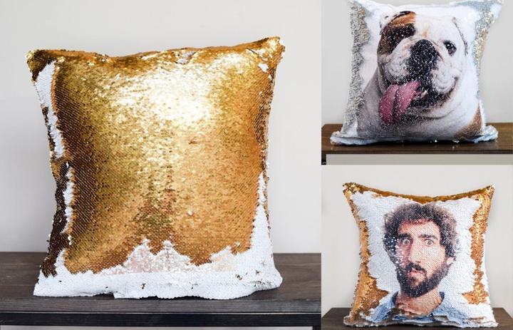 HKM-905171 Personalized Photo Sequins Pillow - Custom Pet Design 40cm x 40cm in Gold