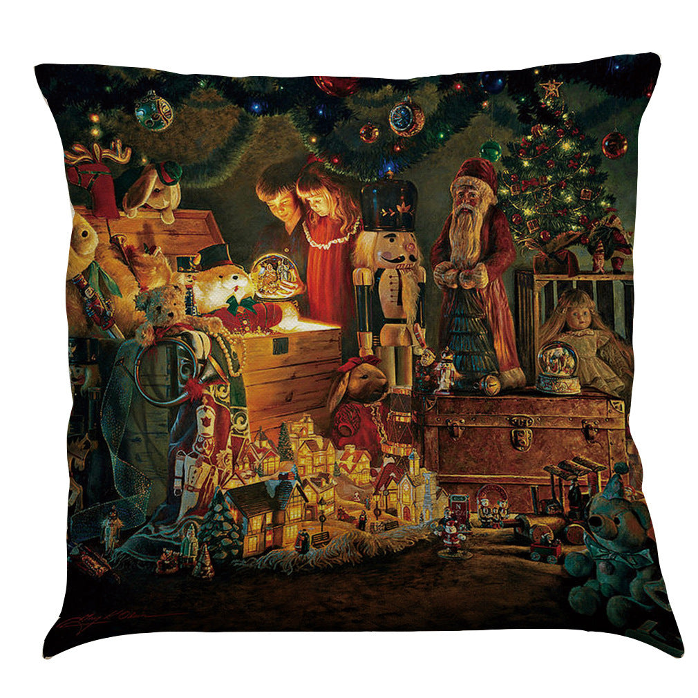 HKM-905491 Oil Painting Christmas Santa Claus Cushion Cover - Festive Linen Blend Decorative Pillowcase 45x45 cm