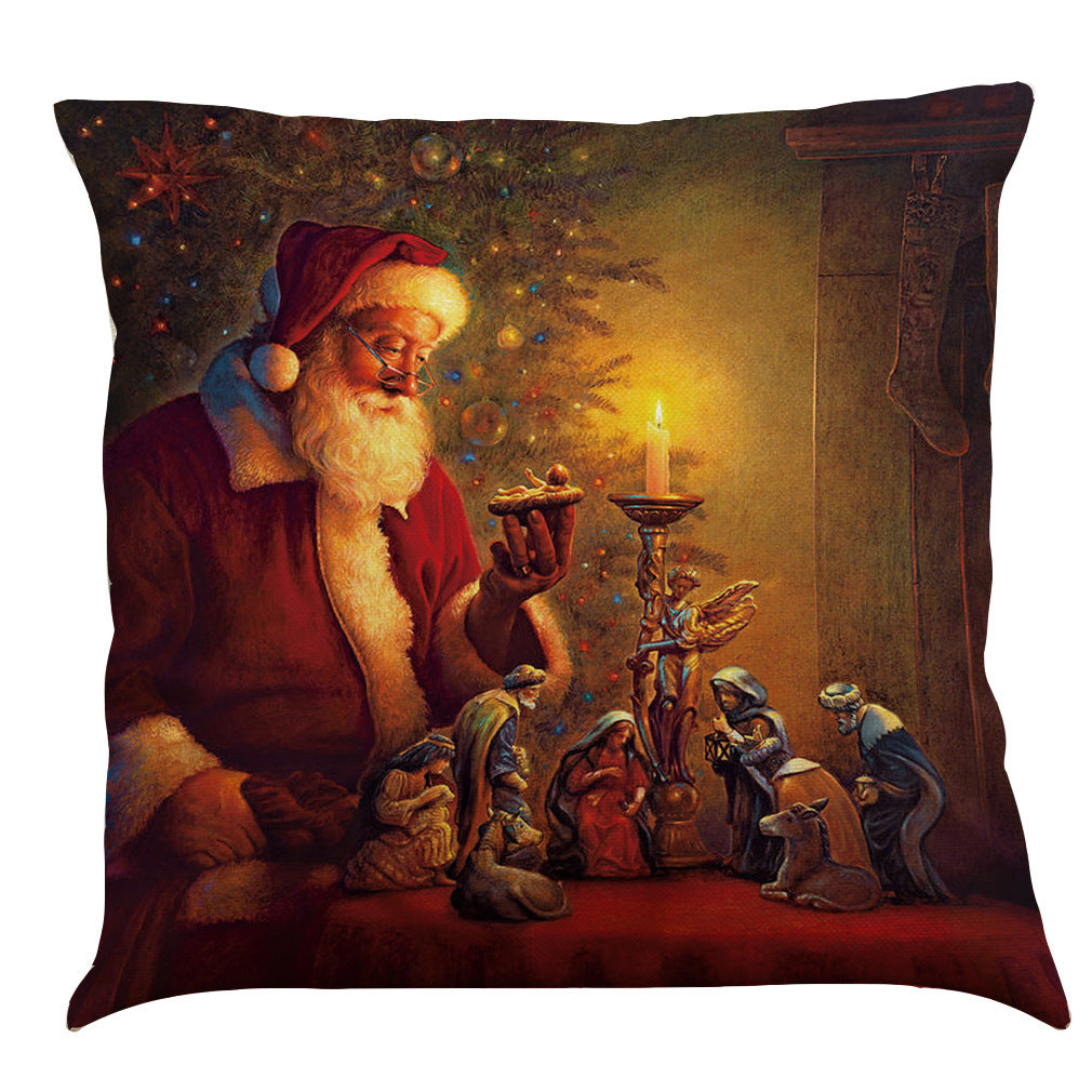 HKM-905491 Oil Painting Christmas Santa Claus Cushion Cover - Festive Linen Blend Decorative Pillowcase 45x45 cm