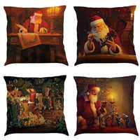 HKM-905491 Oil Painting Christmas Santa Claus Cushion Cover - Festive Linen Blend Decorative Pillowcase 45x45 cm