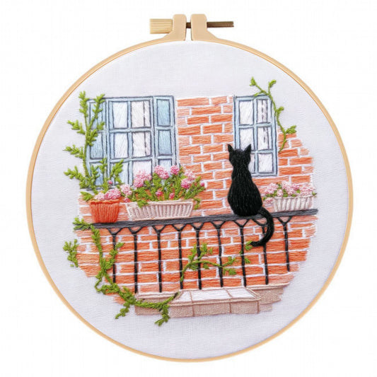 KTX-905939 Cat Landscape Embroidery Kit with Frame and Tools - Modern Cotton and Linen Design 28x28cm