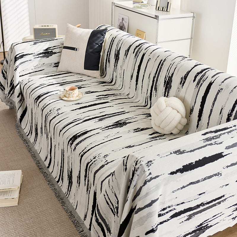 HKM-906003 Chenille Striped All-Season Sofa Cover - Universal Fit, Black and White