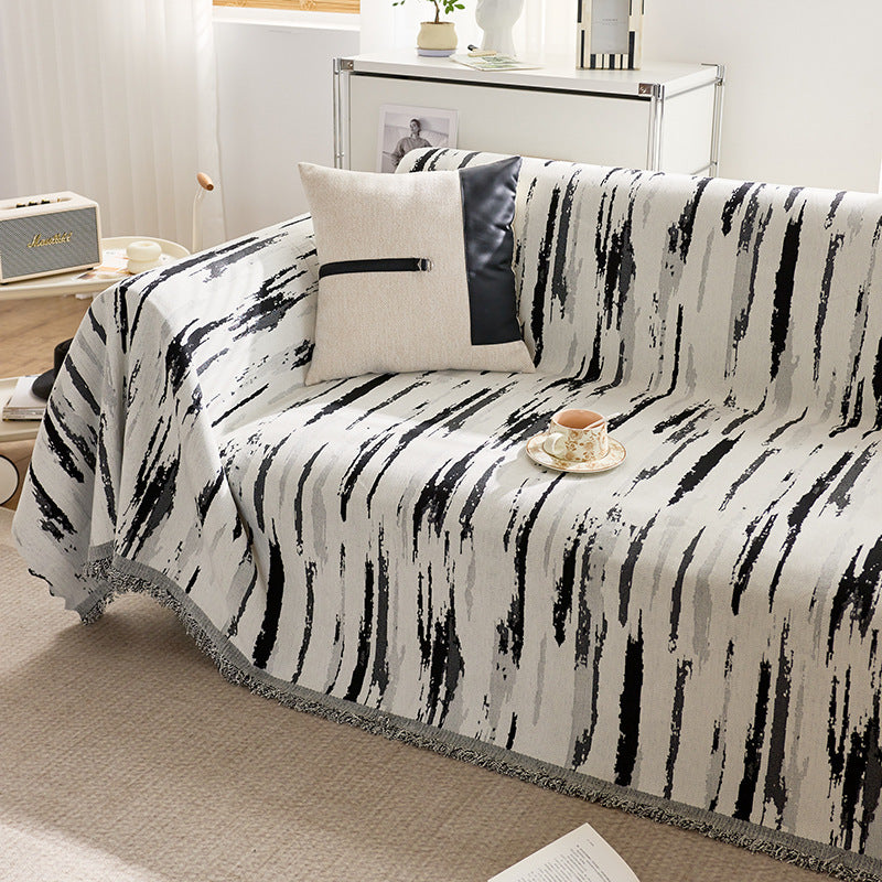 HKM-906003 Chenille Striped All-Season Sofa Cover - Universal Fit, Black and White