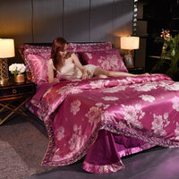 HKM-906643 Golden Jacquard Bedding Set with Lace Flat Sheet and Pillowcases - 4pcs Romantic Style