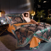 HKM-906643 Golden Jacquard Bedding Set with Lace Flat Sheet and Pillowcases - 4pcs Romantic Style