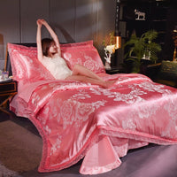 HKM-906643 Golden Jacquard Bedding Set with Lace Flat Sheet and Pillowcases - 4pcs Romantic Style