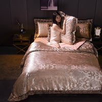 HKM-906643 Golden Jacquard Bedding Set with Lace Flat Sheet and Pillowcases - 4pcs Romantic Style