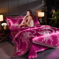 HKM-906643 Golden Jacquard Bedding Set with Lace Flat Sheet and Pillowcases - 4pcs Romantic Style