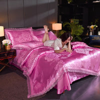 HKM-906643 Golden Jacquard Bedding Set with Lace Flat Sheet and Pillowcases - 4pcs Romantic Style