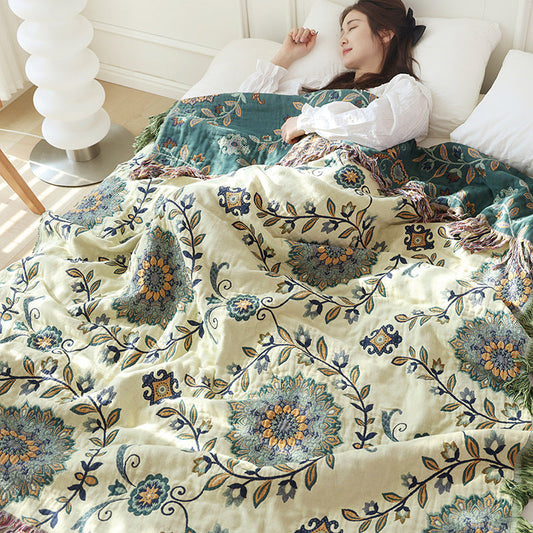 KTX-906899 Double-Sided Pure Cotton Gauze Towel Blanket with Plant and Flower Pattern, Available in Two Sizes