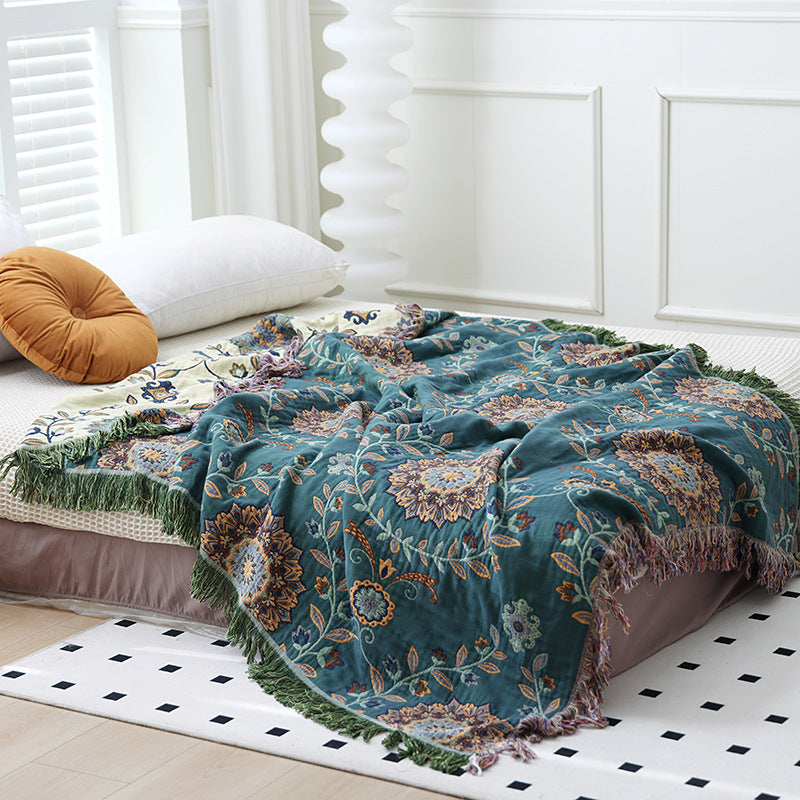 HKM-906899 Double-Sided Pure Cotton Gauze Towel Blanket with Plant and Flower Pattern, Available in Two Sizes