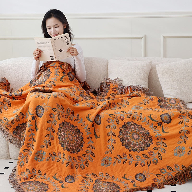 HKM-906899 Double-Sided Pure Cotton Gauze Towel Blanket with Plant and Flower Pattern, Available in Two Sizes