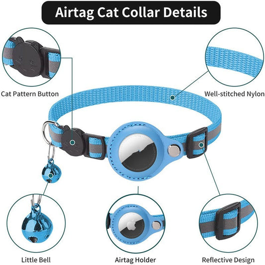 HKM-907091 Reflective Pet Collar with Bell and Airtag Compatible Leather Case - Available in Multiple Colors