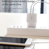 HKM-907155 Universal Dual USB Wall Charger for Mobile Devices, EU Plug, 2100mA Output, Compatible with iPhone Models